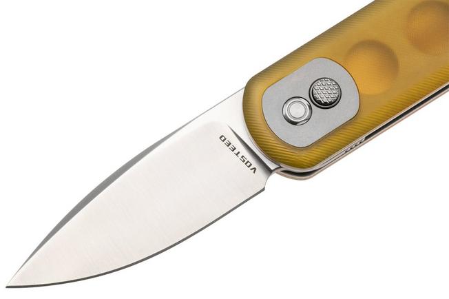 Afbeelding voor Vosteed Corgi Pup A0723 Satin S35VN, Amber PEI, zakmes, Yue Dong design