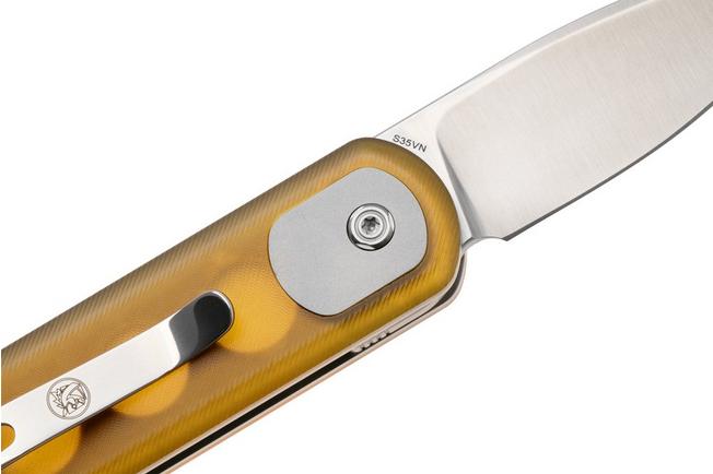 Afbeelding voor Vosteed Corgi Pup A0723 Satin S35VN, Amber PEI, zakmes, Yue Dong design