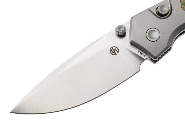 Afbeelding voor Vosteed Psyop 299 A2218 Satin S35VN, Green Norplex UltreX Micarta & Titanium Bolster, zakmes, Tuffknives design