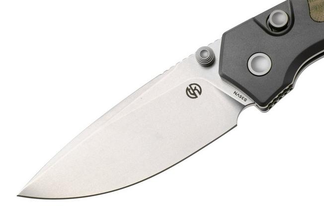 Afbeelding voor Vosteed Psyop 299 A2220 Stonewashed S35VN, Green Norplex UltreX Micarta & Titanium Bolster, zakmes, Tuffknives design