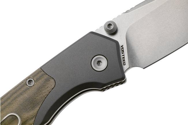 Afbeelding voor Vosteed Psyop 299 A2220 Stonewashed S35VN, Green Norplex UltreX Micarta & Titanium Bolster, zakmes, Tuffknives design