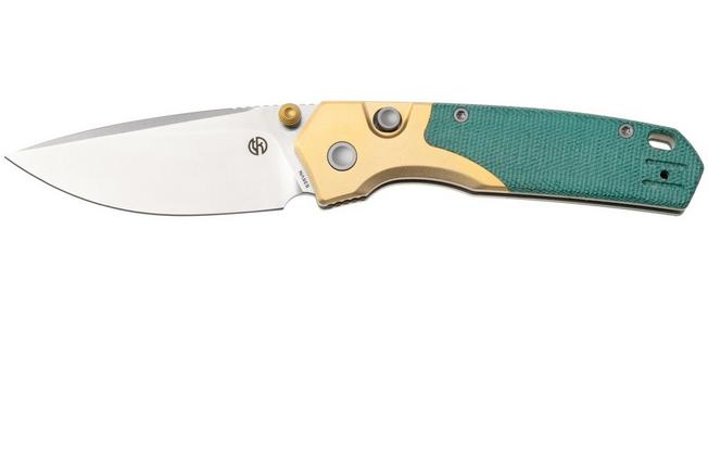 Afbeelding voor Vosteed Psyop 299 A2221 Satin S35VN, Teal Norplex UltreX Micarta & Brass Bolster, zakmes, Tuffknives design