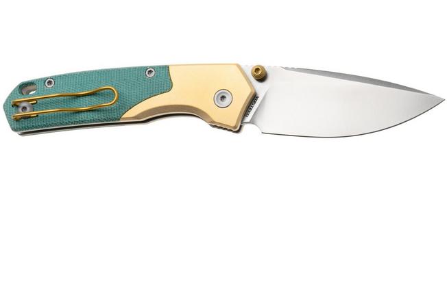 Afbeelding voor Vosteed Psyop 299 A2221 Satin S35VN, Teal Norplex UltreX Micarta & Brass Bolster, zakmes, Tuffknives design