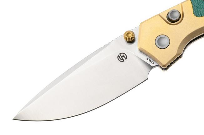 Afbeelding voor Vosteed Psyop 299 A2221 Satin S35VN, Teal Norplex UltreX Micarta & Brass Bolster, zakmes, Tuffknives design