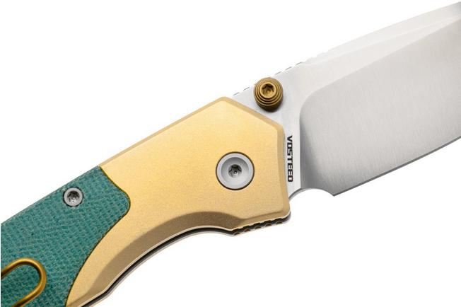 Afbeelding voor Vosteed Psyop 299 A2221 Satin S35VN, Teal Norplex UltreX Micarta & Brass Bolster, zakmes, Tuffknives design