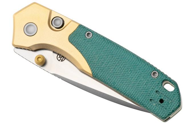 Afbeelding voor Vosteed Psyop 299 A2221 Satin S35VN, Teal Norplex UltreX Micarta & Brass Bolster, zakmes, Tuffknives design