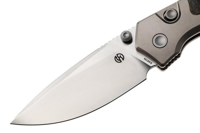 Bild für Vosteed Psyop 299 A2238 Satin S35VN, Brown Glow In The Dark Micarta & Titanium Bolsters, Taschenmesser, Tuffknives Design