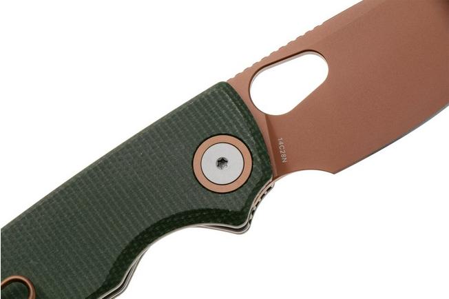 Afbeelding voor Vosteed Porcupine A2609 Copper Dune PVD 14C28N, Green Micarta, zakmes, Yue Dong design
