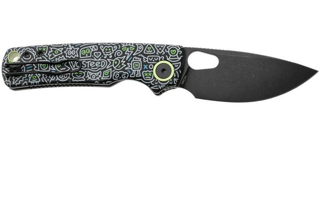 Afbeelding voor Vosteed Porcupine A2619 Blackwashed 14C28N, Black Doodle G10, zakmes, Yue Dong design