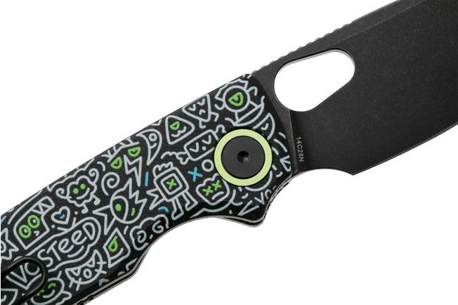 Afbeelding voor Vosteed Porcupine A2619 Blackwashed 14C28N, Black Doodle G10, zakmes, Yue Dong design