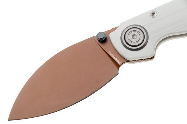 Afbeelding voor Vosteed Shilin Cutter A2808 Copper Dune PVD 154CM, White G10, zakmes, Yue Dong design