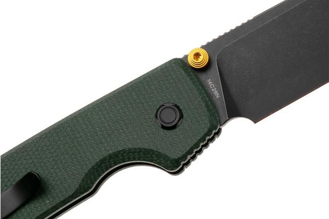 Afbeelding voor Vosteed Raccoon A2901 Blackwashed 14C28N, Green Micarta, zakmes, Yue Dong design
