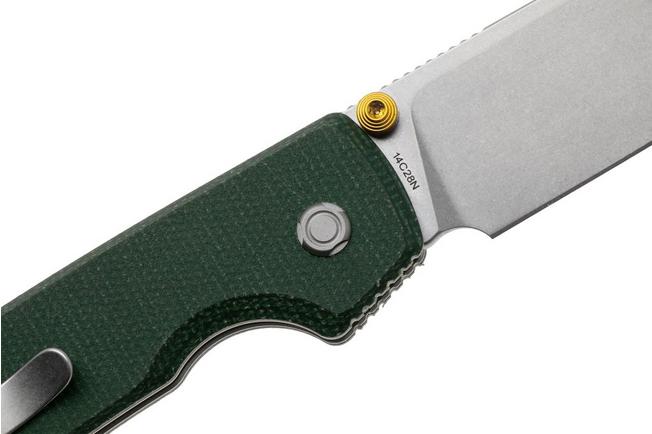 Afbeelding voor Vosteed Raccoon A2904 Stonewashed 14C28N, Green Micarta, zakmes, Yue Dong design