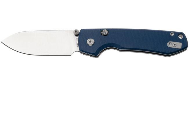 Afbeelding voor Vosteed Raccoon A2905 Satin 14C28N, Blue Micarta, zakmes, Yue Dong design