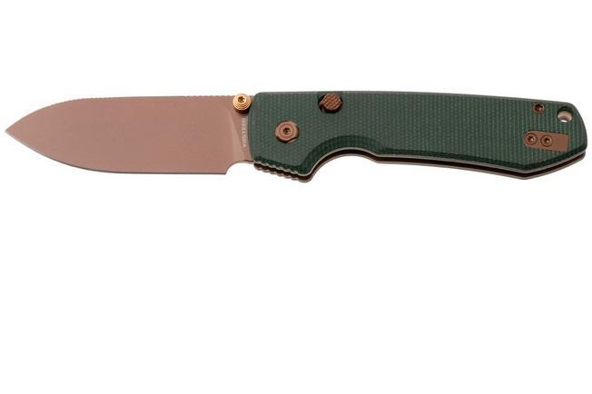 Afbeelding voor Vosteed Raccoon A2907 Copper Dune PVD 14C28N, Green Micarta, zakmes, Yue Dong design