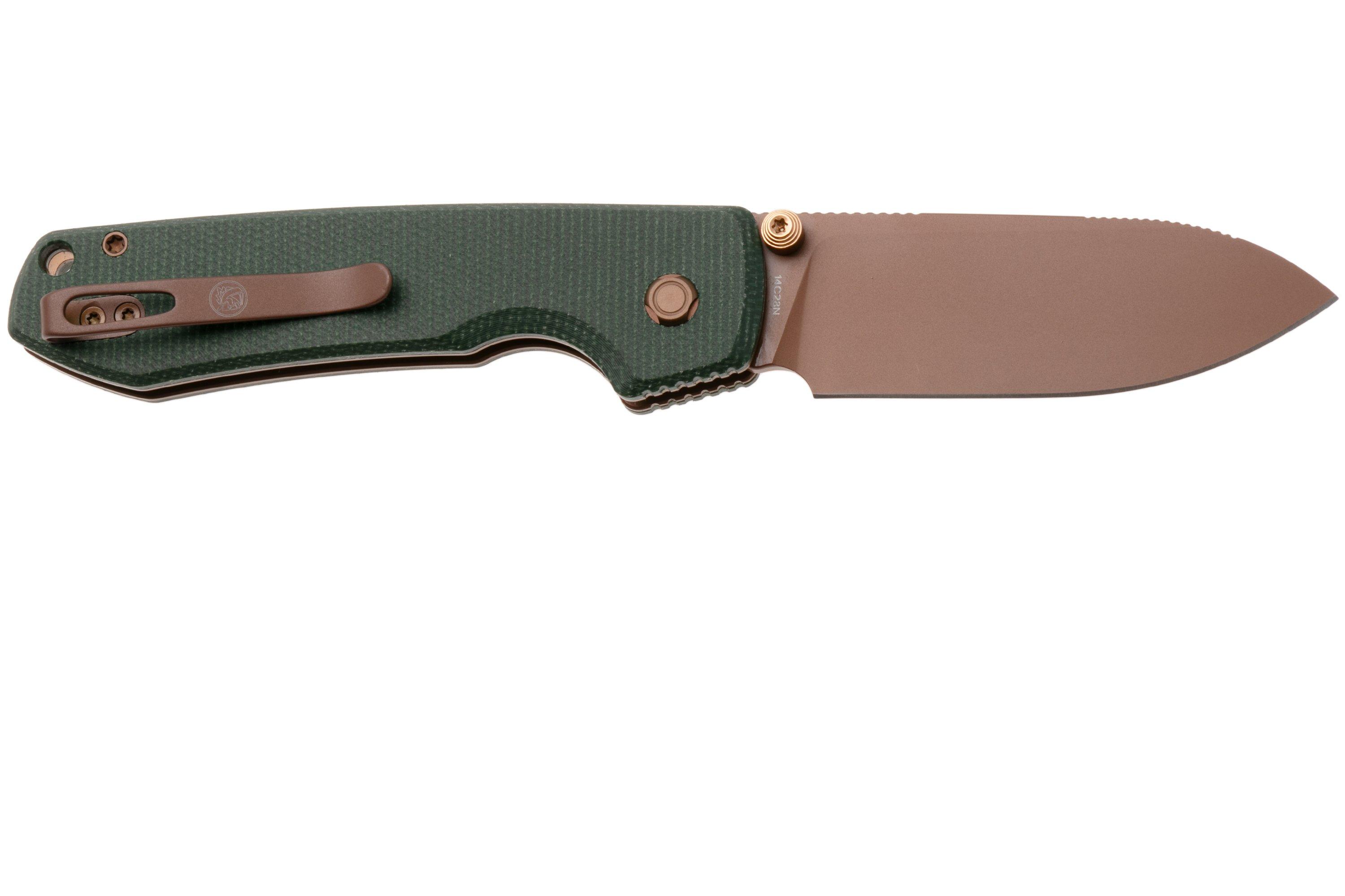 Vosteed Raccoon A2907 Copper Dune PVD 14C28N, Green Micarta, zakmes ...