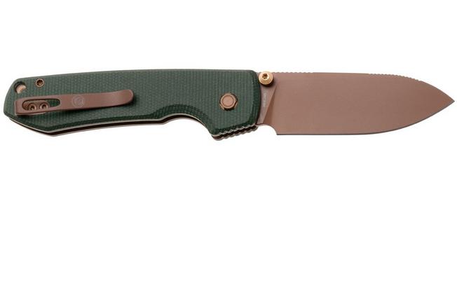 Afbeelding voor Vosteed Raccoon A2907 Copper Dune PVD 14C28N, Green Micarta, zakmes, Yue Dong design