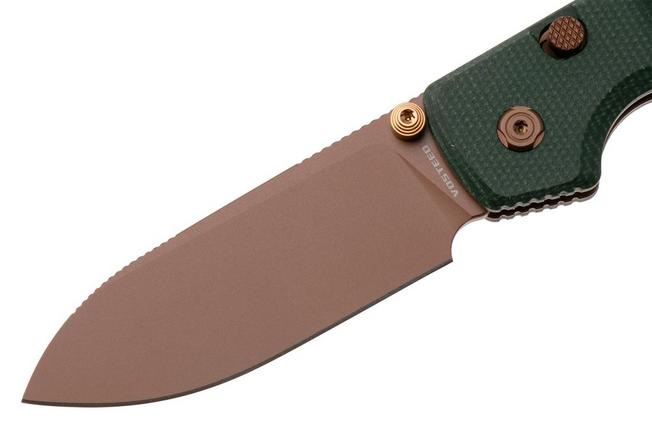 Afbeelding voor Vosteed Raccoon A2907 Copper Dune PVD 14C28N, Green Micarta, zakmes, Yue Dong design