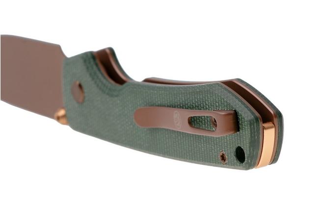 Afbeelding voor Vosteed Raccoon A2907 Copper Dune PVD 14C28N, Green Micarta, zakmes, Yue Dong design