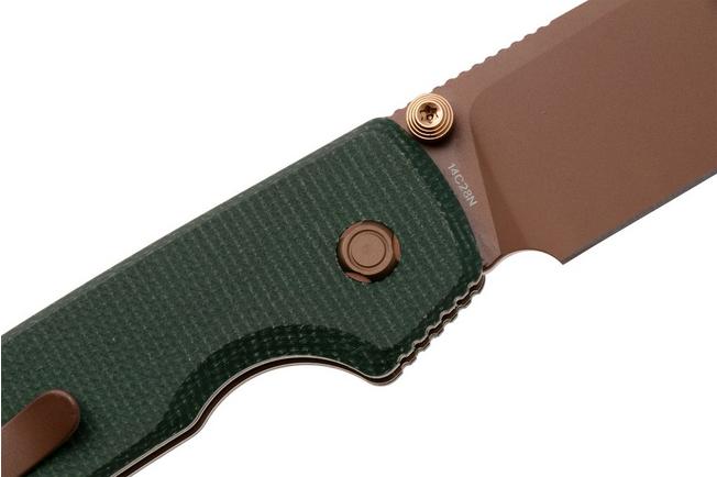 Afbeelding voor Vosteed Raccoon A2907 Copper Dune PVD 14C28N, Green Micarta, zakmes, Yue Dong design