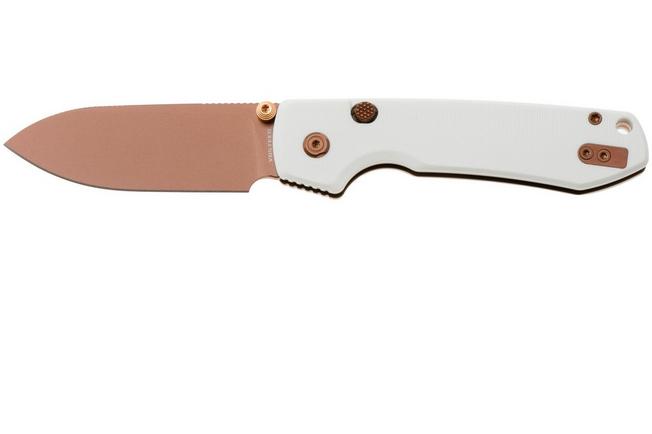 Afbeelding voor Vosteed Raccoon A2913 Copper Dune PVD 14C28N, White G10, zakmes, Yue Dong design