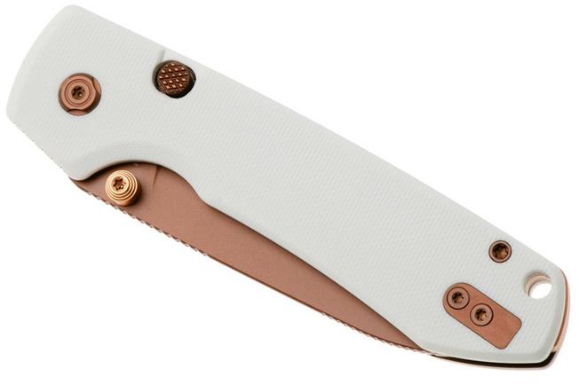 Afbeelding voor Vosteed Raccoon A2913 Copper Dune PVD 14C28N, White G10, zakmes, Yue Dong design