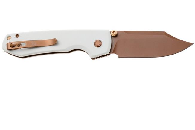Afbeelding voor Vosteed Raccoon A2925 Copper Dune PVD, White G10, zakmes, Yue Dong design
