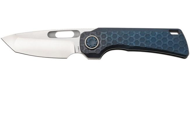 Afbeelding voor Vosteed Nymble A4703 Satin Bead Blast Elmax, Blue Titanium, zakmes, John Rusk design