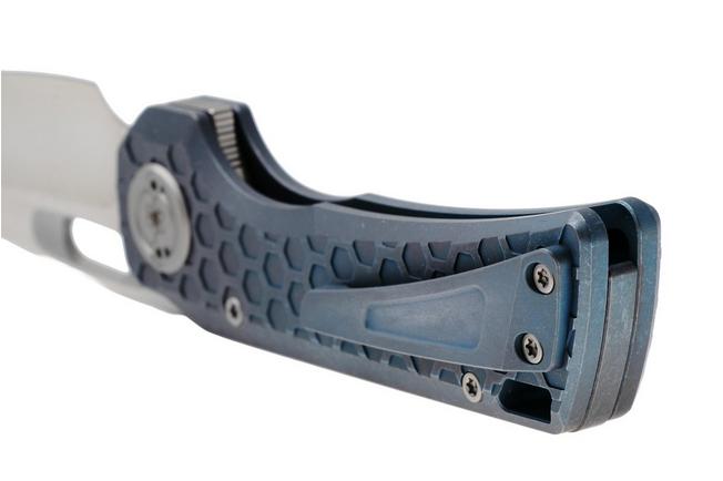 Afbeelding voor Vosteed Nymble A4703 Satin Bead Blast Elmax, Blue Titanium, zakmes, John Rusk design