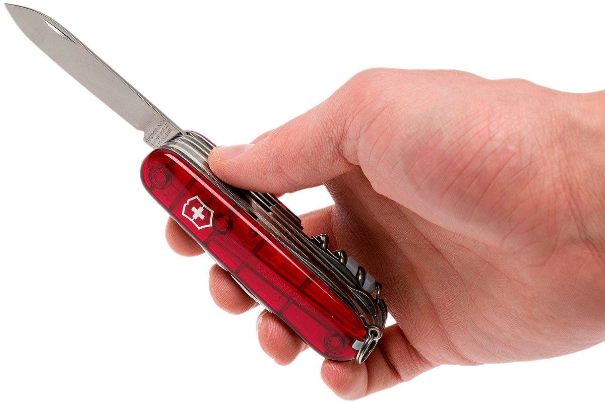 Victorinox, coltellino svizzero Huntsman Lite (21 funzioni, lama, gancio  multifunzione, luce LED), rosso trasparente : : Sport e tempo  libero