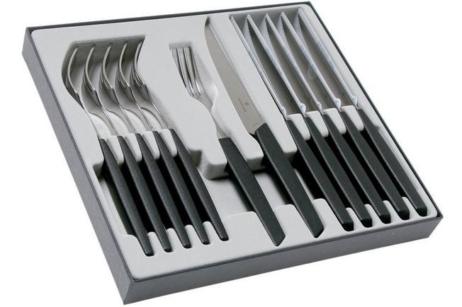 Victorinox Swiss Modern 6.9093.12W.12, 12-pz set di posate con coltello da  bistecca, nero