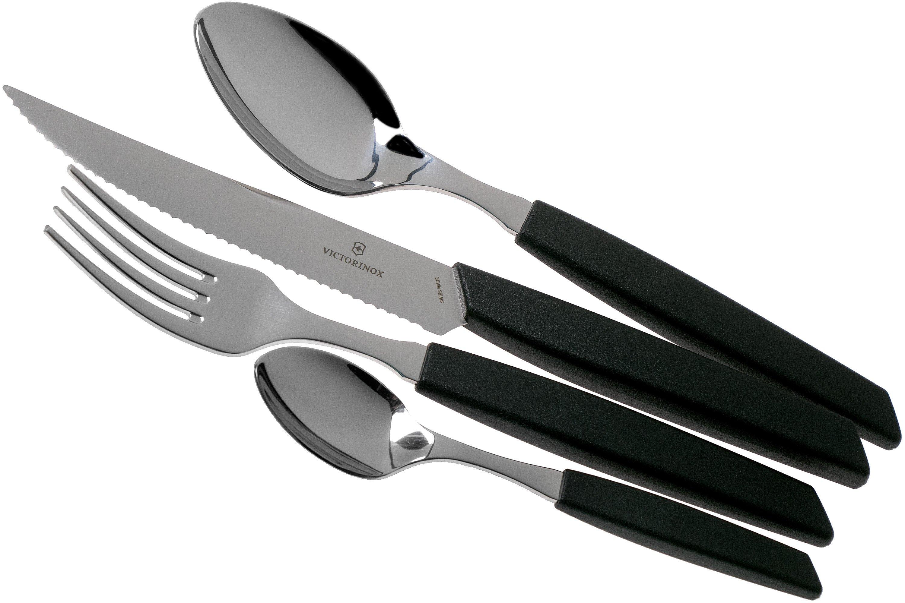 Victorinox Swiss Modern 6.9093.12W.24, 24-pz set di posate con coltello da  bistecca, nero