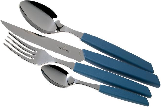 Victorinox Swiss Modern 6.9096.12W2.24, 24-pz set di posate con coltello da  bistecca, blu