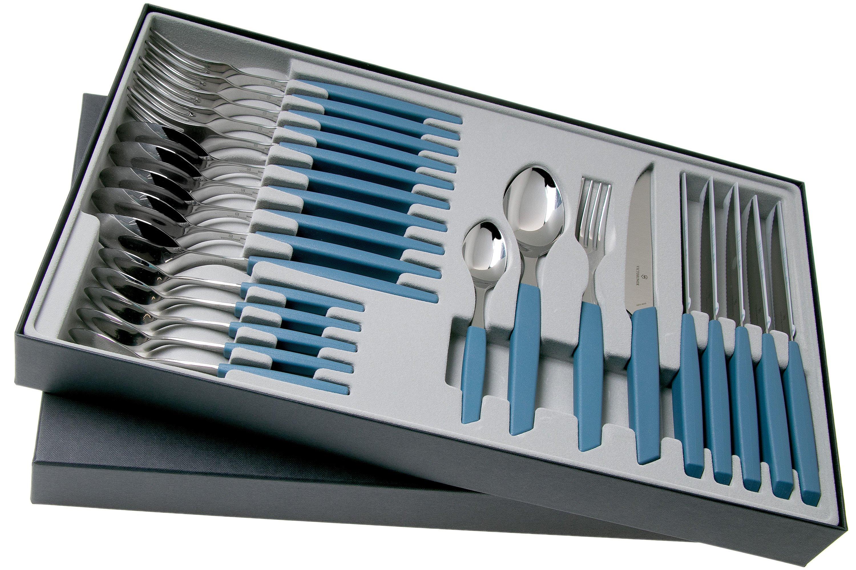 Victorinox Swiss Modern 6.9096.12W2.24, 24-pz set di posate con coltello da  bistecca, blu