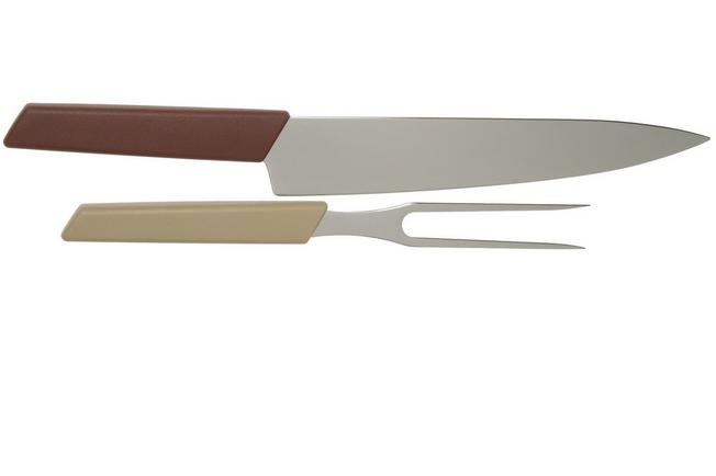 Victorinox Swiss Modern carving knife and meat fork, red and cream
