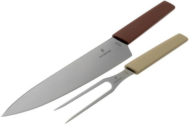 Victorinox Swiss Modern carving knife and meat fork, red and cream