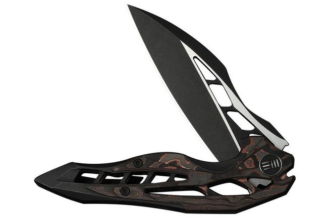 Afbeelding voor WE Knife Arrakis 906CF-E Black Stonewashed Vanax, Integral Black Titanium. Copper Foil Carbon Fiber Inlay, Limited Edition zakmes, Elijah Isham design