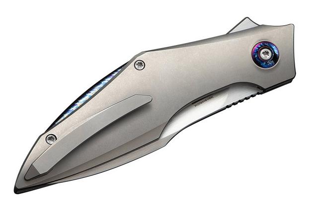 Image for WE Knife Krait Snake WE24084-2 Hand Rubbed Satin Böhler M390, Gray Titanium, Flamed Hardware, pocket knife, Tashi Bharucha design