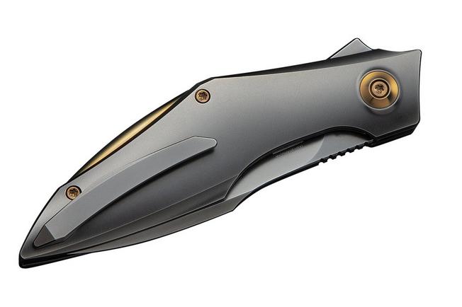 Image for WE Knife Krait Snake WE24084-3 Polished Gray Böhler M390, Polished Gray Titanium, Gold Anodized Hardware, pocket knife, Tashi Bharucha design