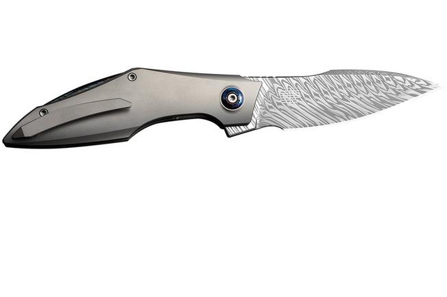 Image for WE Knife Krait Snake WE24084-DS1 Fafnir Damasteel, Gray Titanium, Flamed Hardware, pocket knife, Tashi Bharucha design