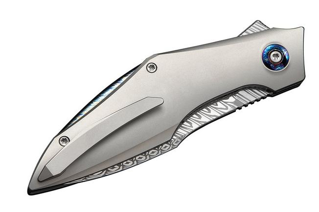 Image for WE Knife Krait Snake WE24084-DS1 Fafnir Damasteel, Gray Titanium, Flamed Hardware, pocket knife, Tashi Bharucha design