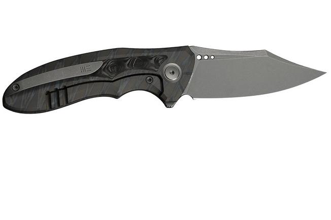 Image for WE Knife Varg WE25074-3, Stonewashed CPM MagnaCut, Tiger Stripe Flamed Titanium, Rose Carbon Fiber Inlay pocket knife