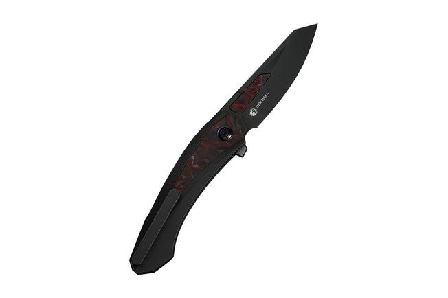 Afbeelding voor WE Knife Suisei WE25086-1, Black Stonewashed Böhler M390, Black Titanium, Red & Black Carbon Fiber Inlay zakmes, Dew Hara design