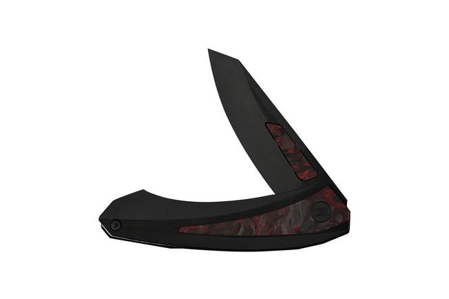 Afbeelding voor WE Knife Suisei WE25086-1, Black Stonewashed Böhler M390, Black Titanium, Red & Black Carbon Fiber Inlay zakmes, Dew Hara design