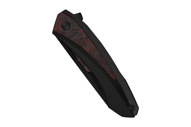 Afbeelding voor WE Knife Suisei WE25086-1, Black Stonewashed Böhler M390, Black Titanium, Red & Black Carbon Fiber Inlay zakmes, Dew Hara design