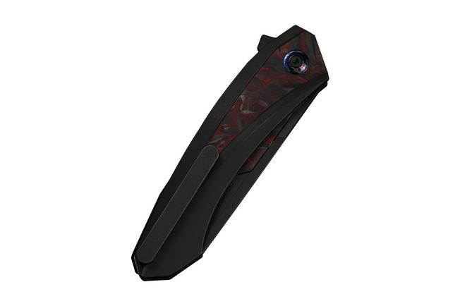 Afbeelding voor WE Knife Suisei WE25086-1, Black Stonewashed Böhler M390, Black Titanium, Red & Black Carbon Fiber Inlay zakmes, Dew Hara design