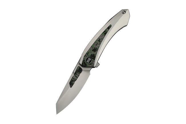 Afbeelding voor WE Knife Suisei WE25086-2, Stonewashed Böhler M390, Grey Titanium, Jungle Wear FatCarbon Inlay zakmes, Dew Hara design