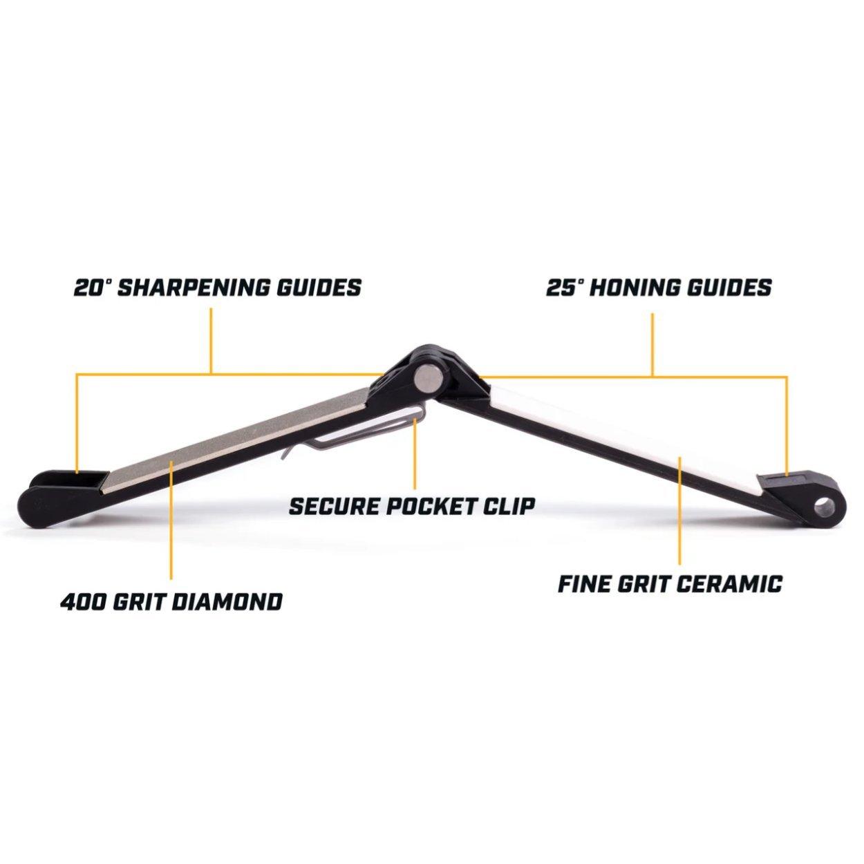 Un Work Sharp Folding Field Sharpener desplegado sobre fondo blanco