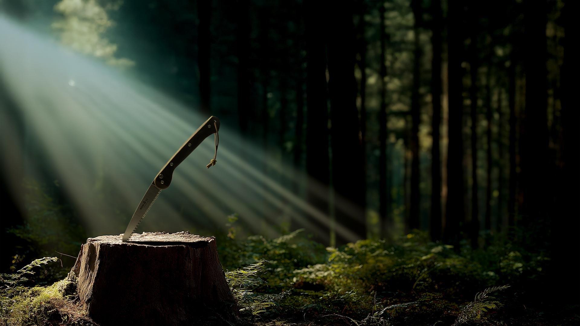 Une scie Woxna dans une souche d’arbre, dans une forêt sombre, avec des rayons de soleil sur la scie.
