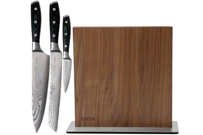 Afbeelding voor Eden Classic Damast 3-delige messenset met messenblok walnoot